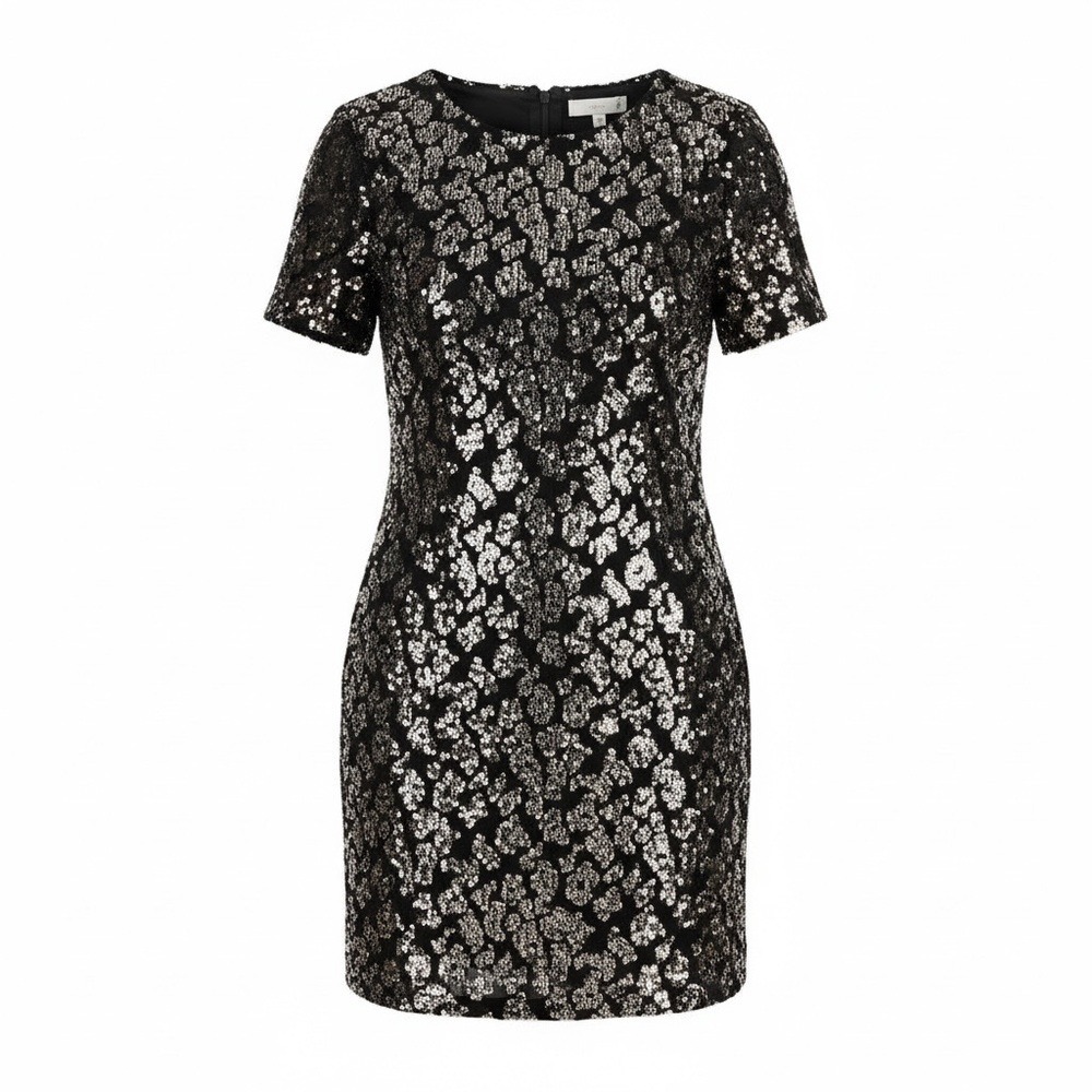 Ro & De Dress Womens XS Black Rose Gold Sequin Leopard Print Shift Mini NSZ72746